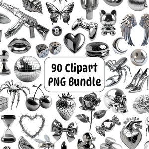 Chrome Clipart PNG Bundle, Silver Aesthetic Elements, Chrome Metal Elements PNG, Y2K Silver PNG, 2000s Graphics, Digital Stickers Clipart