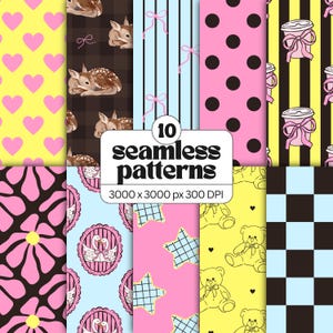 Puede incluir: Una colección digital de 10 patrones sin costuras con diseños variados que incluyen corazones rosas sobre amarillo, ciervos sobre cuadros, rayas azules con lazos rosas, lunares negros sobre rosa, tazas de café sobre amarillo, flores, cisnes y osos.