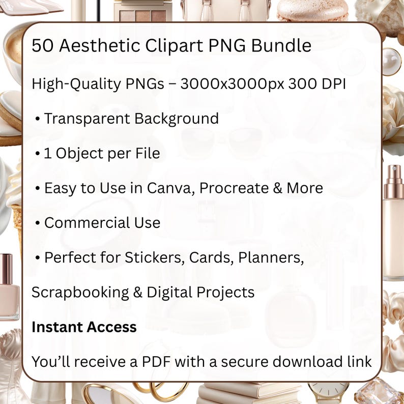 May include: A digital product listing featuring a bundle of 50 aesthetic clipart PNGs. The listing highlights high-quality images with a transparent background, suitable for commercial use. Ideal for stickers, cards, planners, scrapbooking, and digital projects.