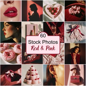 May include: A collection of 16 images with a red and pink colour scheme. The images feature red lipstick, a person's silhouette, cherries on a heart-shaped plate, and a stack of pink macarons. The text reads "60 Stock Photos Red & Pink".