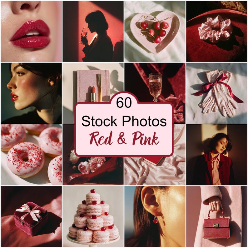 May include: A collection of 16 images with a red and pink colour scheme. The images feature red lipstick, a person's silhouette, cherries on a heart-shaped plate, and a stack of pink macarons. The text reads "60 Stock Photos Red & Pink".