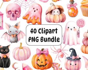 40 Pastel Halloween Clipart PNG Bundle, Watercolor Ghost, Pumpkin, Bat (Commercial Use)