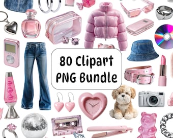 80 Y2K Clipart PNG Bundle, Pink Girly Lifestyle, Denim Fashion Beauty Clipart, Digital Stickers