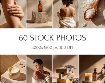 60 Skincare Stock Photos Bundle, Spa Wellness Bodycare Images, Neutral Branding Photography