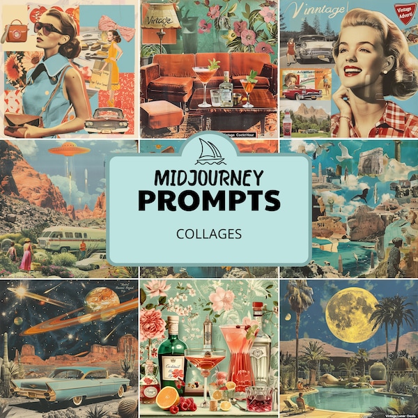 Midjourney Prompts for Surreal Digital Collage Vintage Art Abstract Wall Art Print Customizable Bundle Ai Prompt Guide Retro Collage Poster