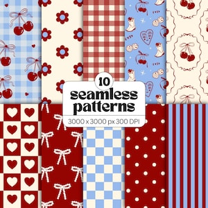 May include: A collection of 10 seamless patterns featuring red and blue color palettes. Designs include cherries on blue gingham, red flowers on cream, red gingham, western motifs on blue, cherries in frames, hearts, bows, blue checks, dots, and stripes.