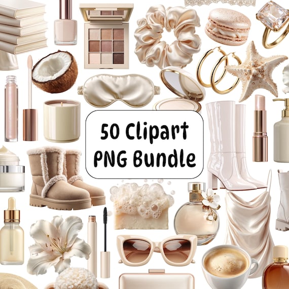 50 Beige Aesthetic Clipart PNG Bundle, Fashion, Beauty, Lifestyle (Commercial Use)