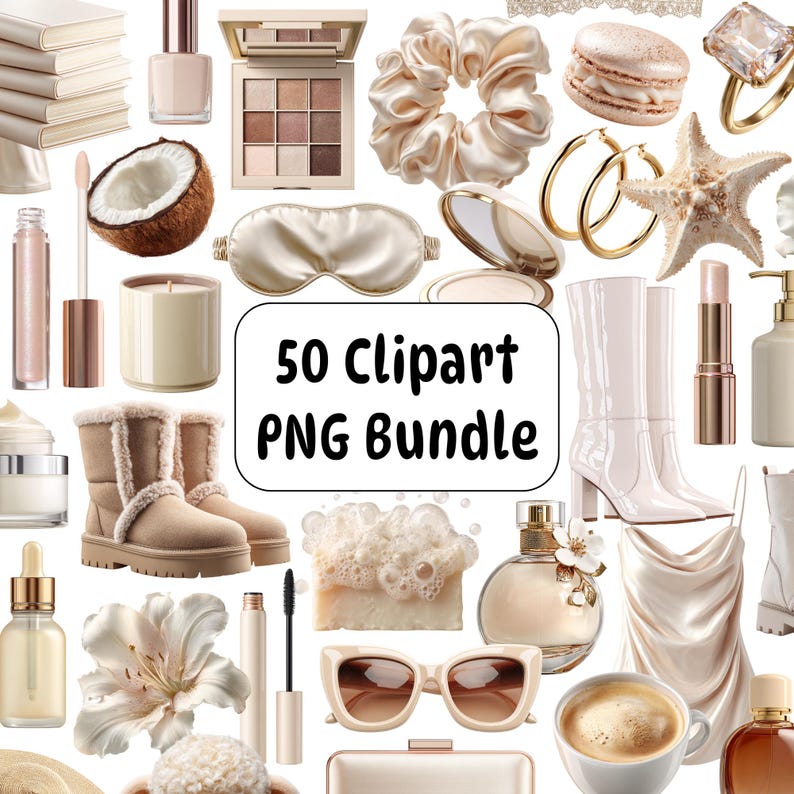 May include: A collection of beauty and lifestyle items in a neutral color palette. Includes a stack of books, makeup, a coconut, a candle, boots, sunglasses, a perfume bottle, and the text "50 Clipart PNG Bundle."