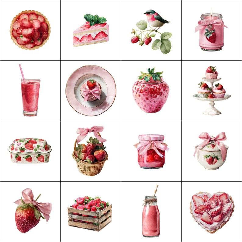 Watercolor Strawberry Clipart PNG Bundle, Dessert Graphics (digital ...