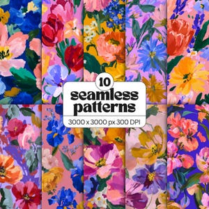 May include: A collection of 10 seamless patterns featuring vibrant, painterly floral designs in various color palettes including blue, pink, orange, and purple. A central white label displays the text 10 seamless patterns 3000 x 3000 px 300 DPI.