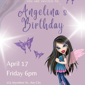 Puede incluir: Una invitación lila con el texto "Fashion Pixie!" y "Angelina's Birthday." Presenta un hada de dibujos animados con cabello castaño largo, ropa azul y rosa, y alas de mariposa. Incluye fecha, hora, dirección e información de RSVP.