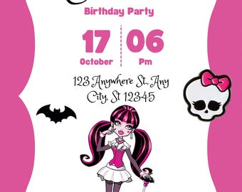 Monster High-uitnodigingssjabloon, babyshower, Draculaura-verjaardag, roze verjaardag meisje, aanpasbaar, download