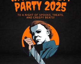 May include: Halloween party invitation for 2025. The orange text on a black background reads "You're Invited! Halloween Party 2025" with the date and time. A graphic of a person in a mask holding a knife is in the center.