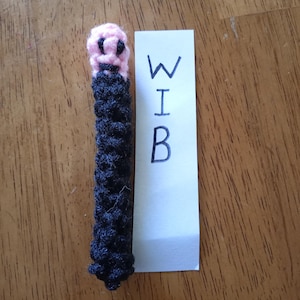 May include: A crochet worm toy featuring a light pink head with black stitched eyes and a long, textured black body. Beside the toy is a white rectangular paper strip with the handwritten black letters W, I, and B stacked vertically.