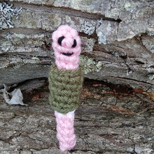 May include: A pink crocheted worm with a smiling face, wearing a green crocheted jacket. The worm is standing on a piece of tree bark.