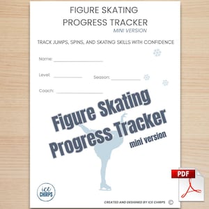 Könnte beinhalten: Ein weißer Eiskunstlauf-Fortschritts-Tracker mit dem Text "Figure Skating Progress Tracker Mini Version". Der Tracker enthält Abschnitte für Name, Level, Saison und Trainer, mit einer Eiskunstläufer-Grafik.