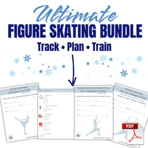 Op de afbeelding: Afbeelding met de tekst "Ultimate Figure Skating Bundle" met de woorden "Track, Plan, Train". De afbeelding bevat een voortgangstracker, paklijst, competitie dag commandocentrum en off-ice trainingsgids. Sneeuwvlokken en een PDF-pictogram zijn ook zichtbaar.