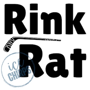 Puede incluir: Diseño gráfico en blanco y negro con el texto "Rink Rat" y un palo de hockey. El texto "ice chirps" está en un círculo debajo del palo de hockey.