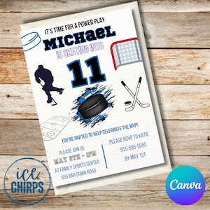 Modello di invito di compleanno di hockey / Modello di invito di compleanno personalizzabile da scaricare Modello di stampa Canva / Modello di invito di compleanno personalizzato Canva per feste di hockey