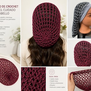 May include: A burgundy crochet hair bonnet, designed to protect hair while sleeping. The bonnet is shown on a person and a mannequin, and also displayed flat. The text in the image says it protects and maintains hairstyles, reduces frizz, is lightweight, breathable, reusable, and handmade.