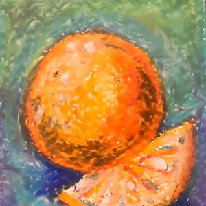 May include: A vibrant orange fruit and a single slice are depicted in a textured, painterly style. The bright orange citrus contrasts against a swirling, mottled background of deep blue, teal, and green tones, creating a dynamic visual composition.