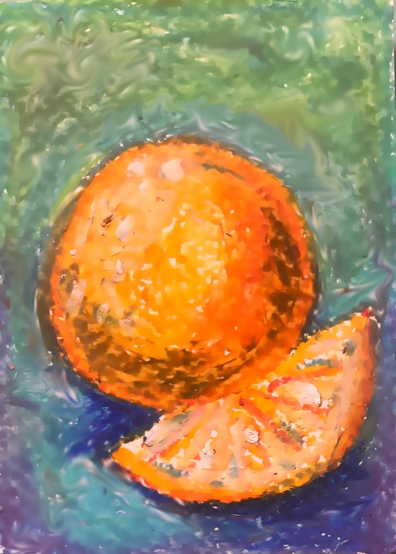 May include: A vibrant orange fruit and a single slice are depicted in a textured, painterly style. The bright orange citrus contrasts against a swirling, mottled background of deep blue, teal, and green tones, creating a dynamic visual composition.