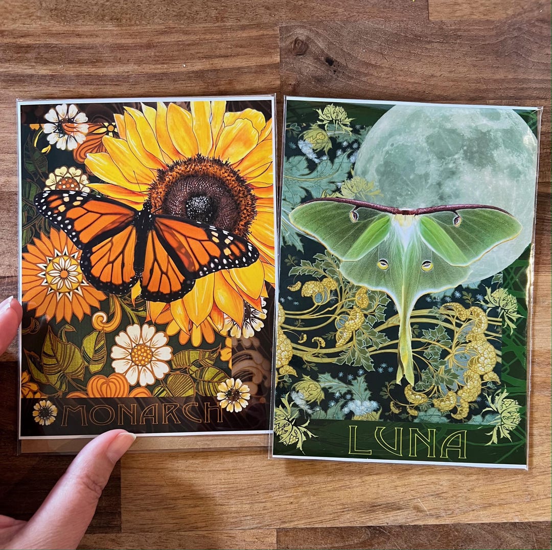 Luna Moth Art Print, Monarch Butterfly Collage, Nature Magnets ...
