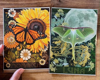 Luna Moth Art Print, Monarch Butterfly Collage, Nature Magnets, Original Art Stickers