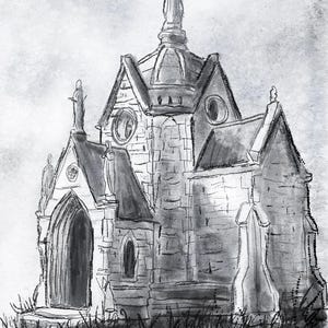 May include: A black and white ink and wash drawing of a stone chapel with a central spire, pointed arched doorways, and circular windows. The structure features multiple statues positioned on the roof and facade, set against a textured background.