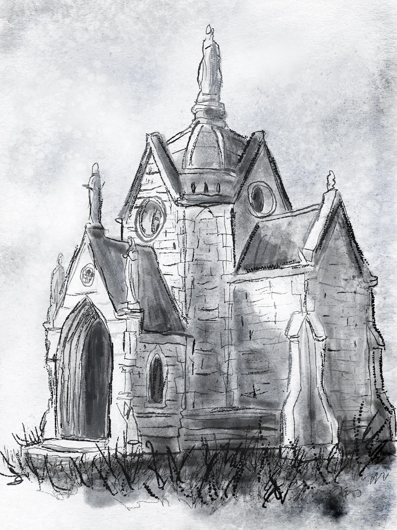 May include: A black and white ink and wash drawing of a stone chapel with a central spire, pointed arched doorways, and circular windows. The structure features multiple statues positioned on the roof and facade, set against a textured background.