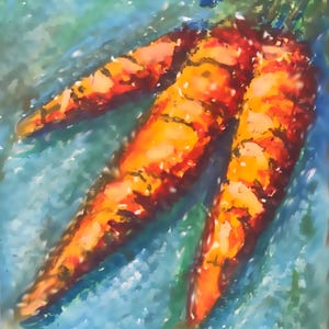 May include: A vibrant oil pastel drawing of three orange carrots with green leafy tops. The carrots are rendered with thick, textured strokes in shades of bright orange, deep red, and yellow, set against a textured blue and green background.