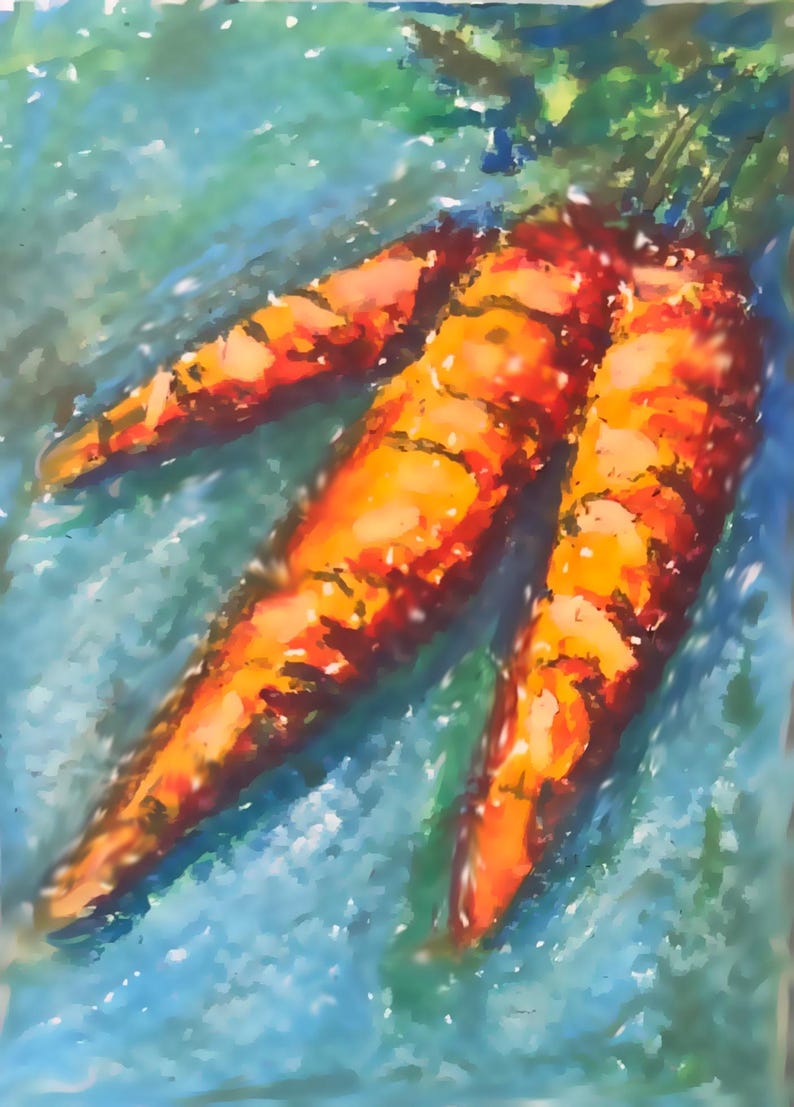 May include: A vibrant oil pastel drawing of three orange carrots with green leafy tops. The carrots are rendered with thick, textured strokes in shades of bright orange, deep red, and yellow, set against a textured blue and green background.