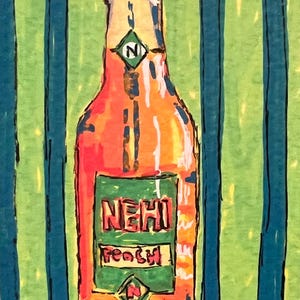 May include: A colorful illustration of a Nehi Peach soda bottle. The bottle is orange with a green label featuring the text NEHI and Peach. It has a crown cap and two diamond-shaped logos with the letter N. The background consists of vertical blue stripes on a light green field.
