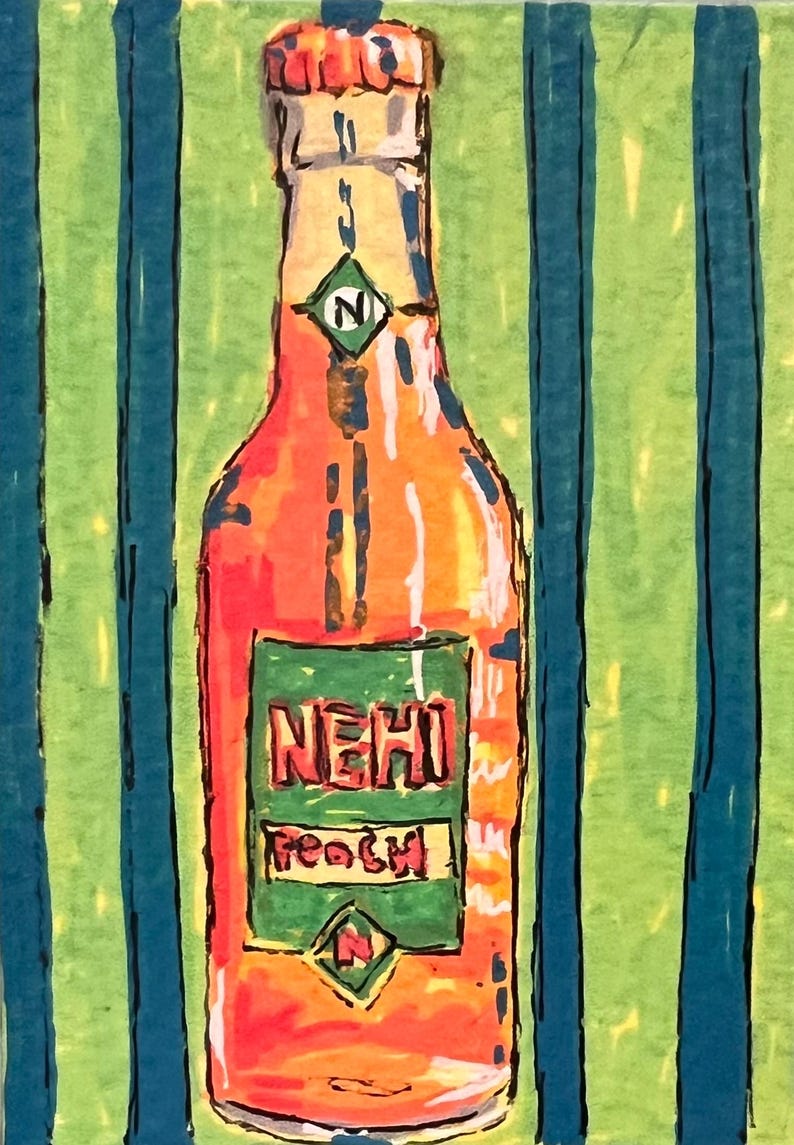 May include: A colorful illustration of a Nehi Peach soda bottle. The bottle is orange with a green label featuring the text NEHI and Peach. It has a crown cap and two diamond-shaped logos with the letter N. The background consists of vertical blue stripes on a light green field.