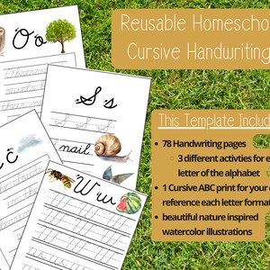 Könnte beinhalten: Wiederverwendbare Homeschool-Kursivschrift-Arbeitsblätter mit 78 Seiten, 3 Aktivitäten pro Buchstabe und naturinspirierten Aquarell-Illustrationen. Diese Vorlage enthält eine Kursivschrift-Alphabetkarte als Referenz.