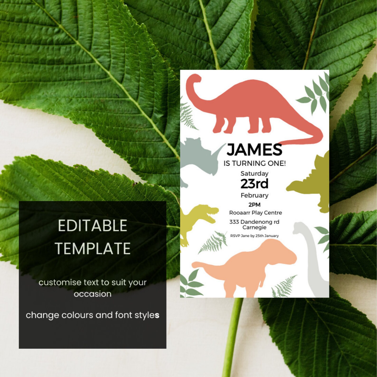 Dinosaur Theme Kids Party Invitation, Editable Template, DIGITAL ...