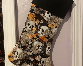 Orange Floral Skull Holiday Christmas Halloween Stocking