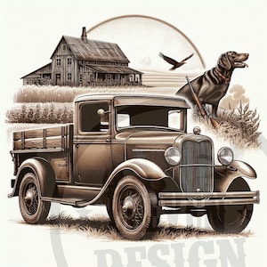 Camion d'epoca con cane e fattoria / Arte di caccia stampabile / Design rustico / File di stampa a sublimazione DTF DTG con sfondo trasparente png