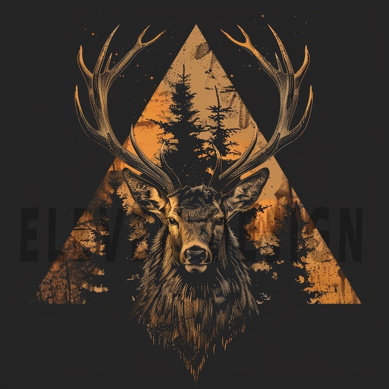 May include: A stylized illustration of a deer's head with antlers, set against a triangle background with a forest scene. The deer is brown and has a detailed, textured appearance. The background is a faded orange and brown color, with a grunge effect.