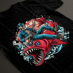 Skeleton Fisherman Riding Giant Fish | Fishing T-shirt Design | Fishing ...