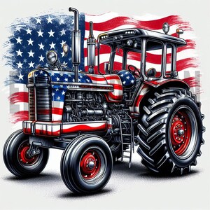 May include: A red, white, and blue tractor with an American flag design. The tractor has large tires and a detailed engine.