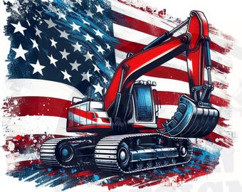 American flag excavator USA patriotic design, USA machinery sublimation design, shirt design, dtf dtg print files, excavator PNG
