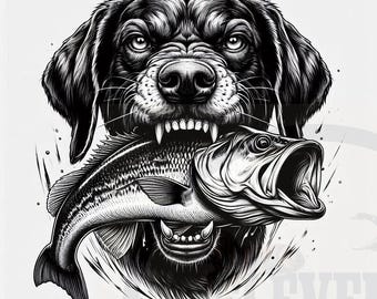 Chien avec poisson PNG : impression en sublimation Hunter (téléchargement numérique)