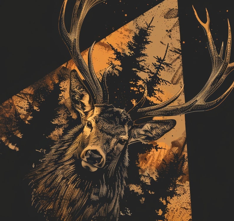 May include: A stylized illustration of a deer with large antlers, set against a background of a forest with a triangle of orange and brown tones.