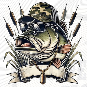 Pescado con gorra al revés PNG / Pesca divertida PNG / Descarga digital de pesca / Diseño de pesca para niños / Archivos de impresión dtf dtg / Clipart de pesca de lubina