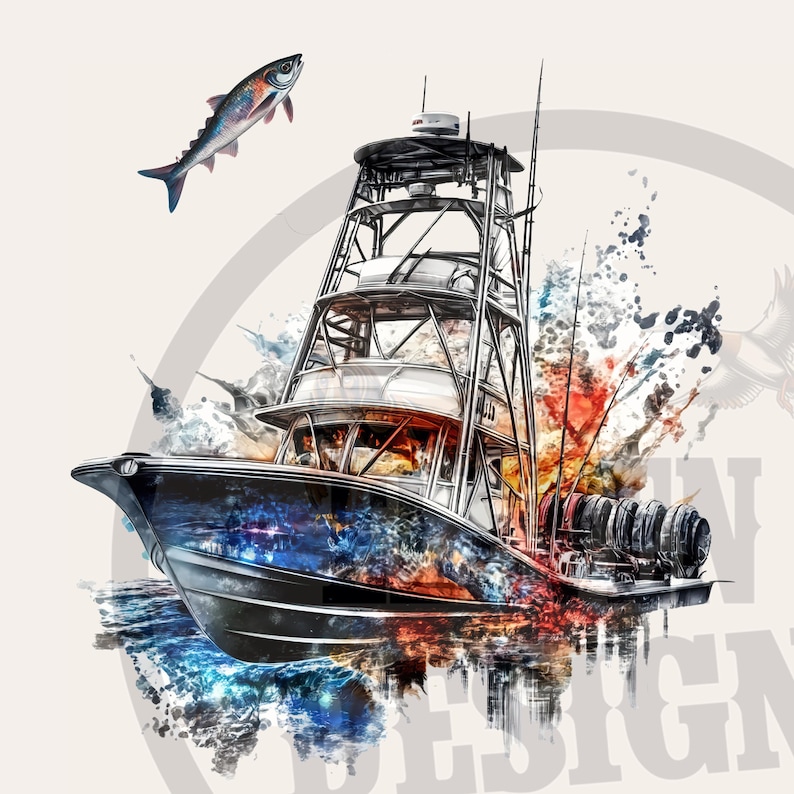 Diseño de barco pesquero: archivo de impresión DTF DTG (PNG) imagen 1