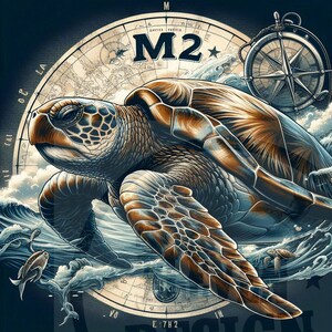 May include: A detailed illustration of a sea turtle swimming in the ocean. The turtle is brown and green with a detailed shell. The ocean is blue and green with waves. There is a compass in the upper right corner of the image. The compass is gold and has a black needle. The image is surrounded by a map with the text "M2" in the center.
