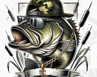 Puede incluir: Un pez negro y verde, un bajo, que lleva una gorra de béisbol de camuflaje y gafas de sol con una cadena dorada alrededor del cuello. El pez está rodeado de juncos y el texto "$  " está en una pancarta debajo del pez.