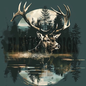Diseño de sublimación de ciervo en el bosque PNG Imagen de cabeza de ciervo Sublimación de caza Camisa de caza de ciervos Ciervo Alce Archivos de diseño Dtf Dtg