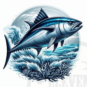 Op de afbeelding: Een blauwe en zilveren tonijn die uit het water springt, met een koraalrif eronder en een blauwe en witte golf erachter.